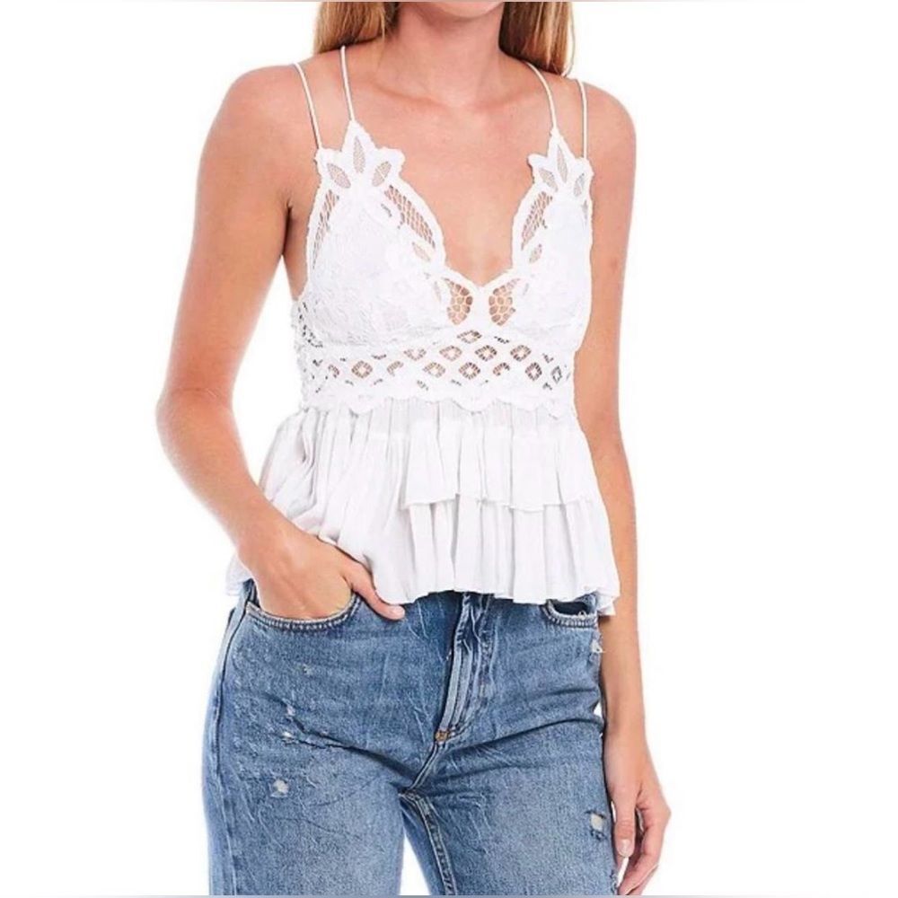 Free People Adelle lace smocked ruffle sleeveless vneck cami top